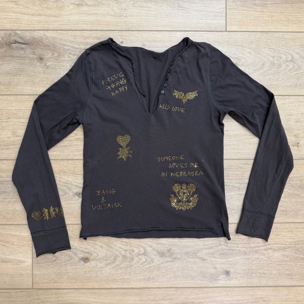 Zadig & Voltaire Tuni Tee Brown Crystal Henley Top Grunge Luxe Edgy Designer XS